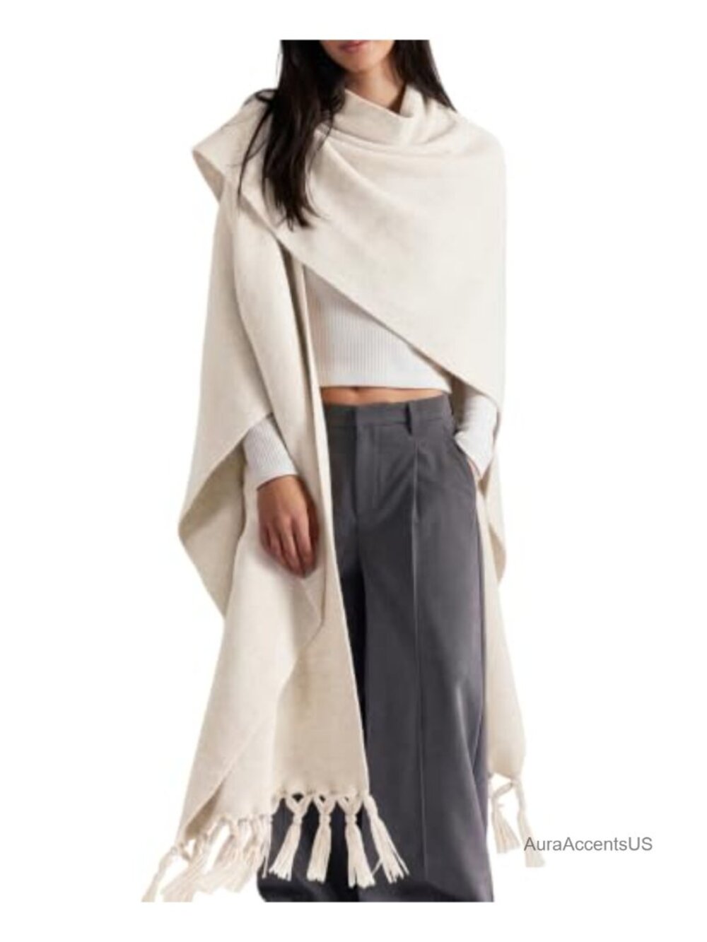Open Front Poncho Cape Shawl Wrap Women Wool Blend Tassel Fringe